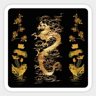 GOLD DRAGON IN BLACK,Egret,Lotus,Green Gold Floral Sticker